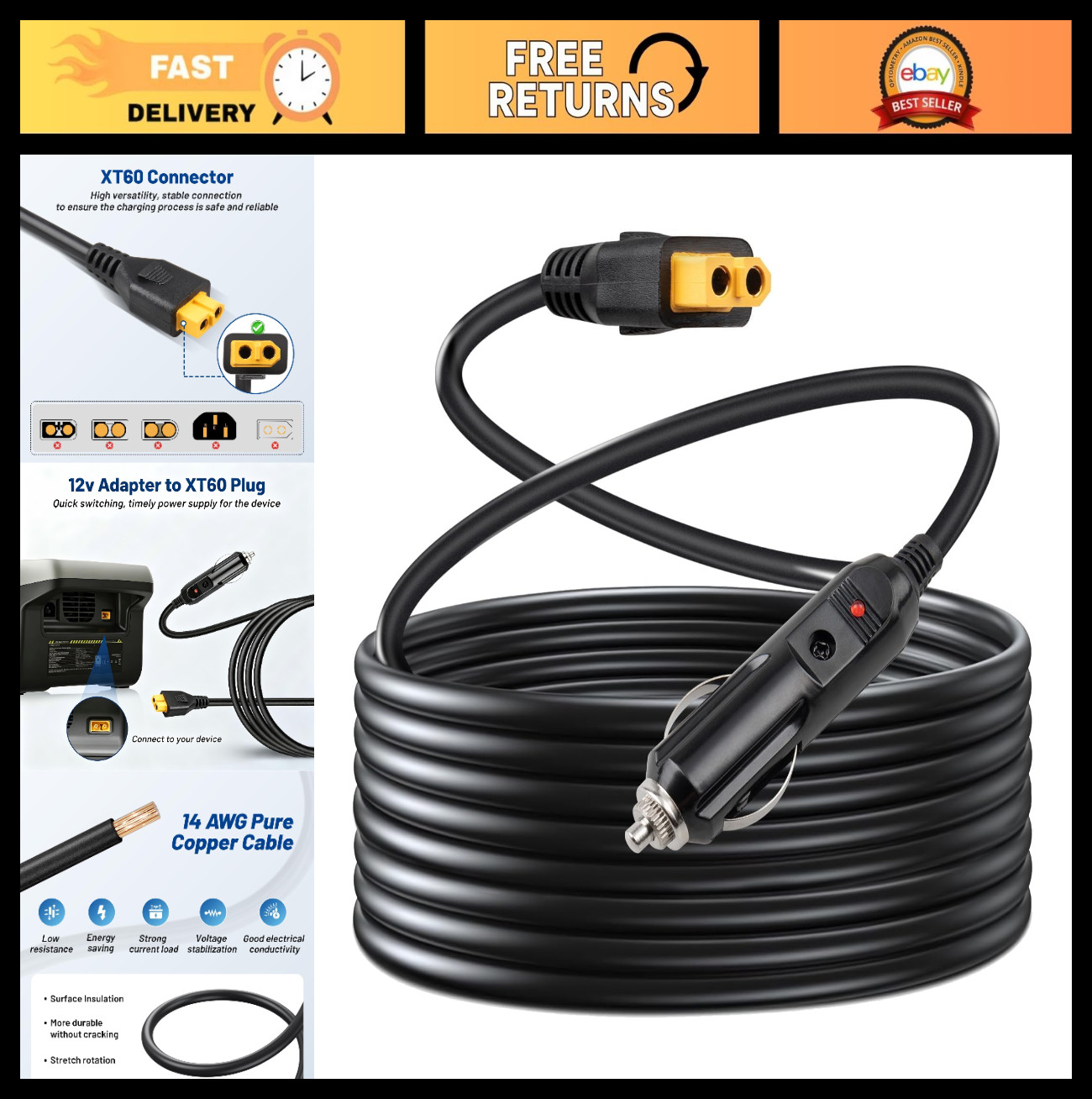 12V XT60 Car Cable for Bluetti EB55 & Anker 757/767, EcoFlow Delta/River Adapter