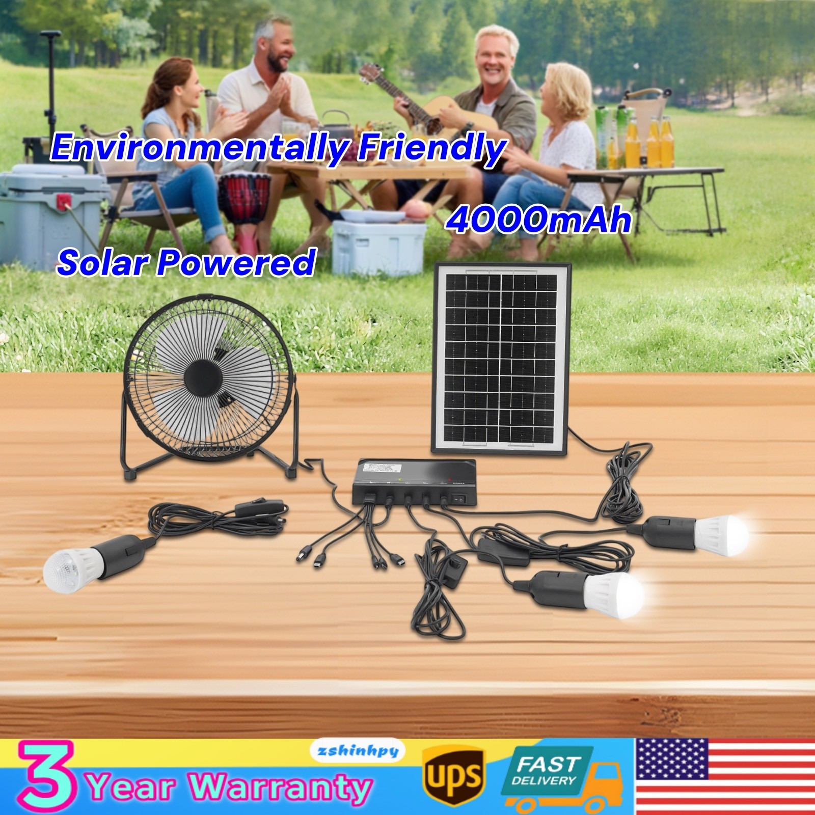 Solar Lighting & Fan Kits with 3 Bulbs USB Charging for Home Outdoor Camping