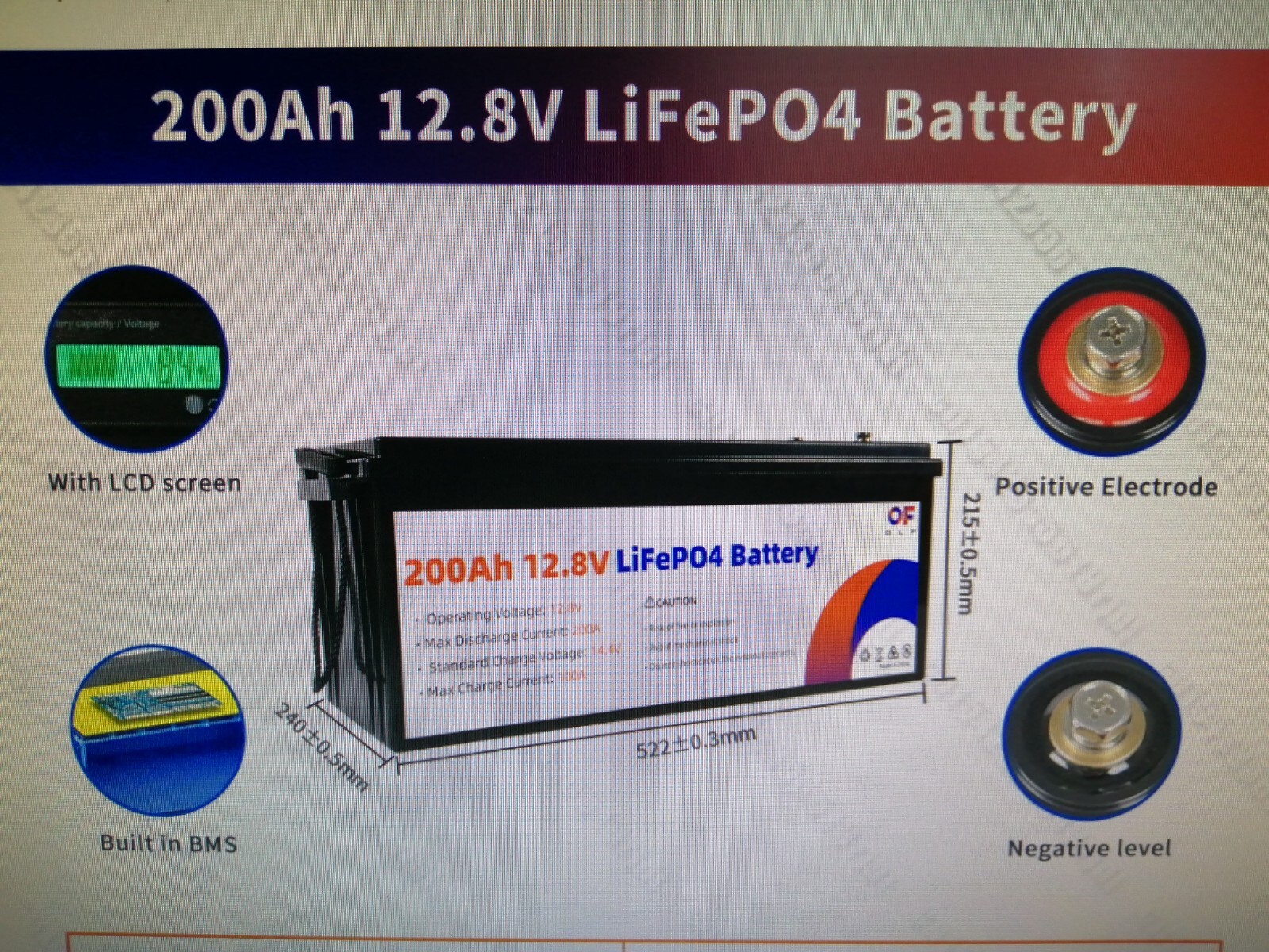 12V 200AH (OLF) LiFePo4 Grade A battery with 100A BMS Built-in, LCD screen