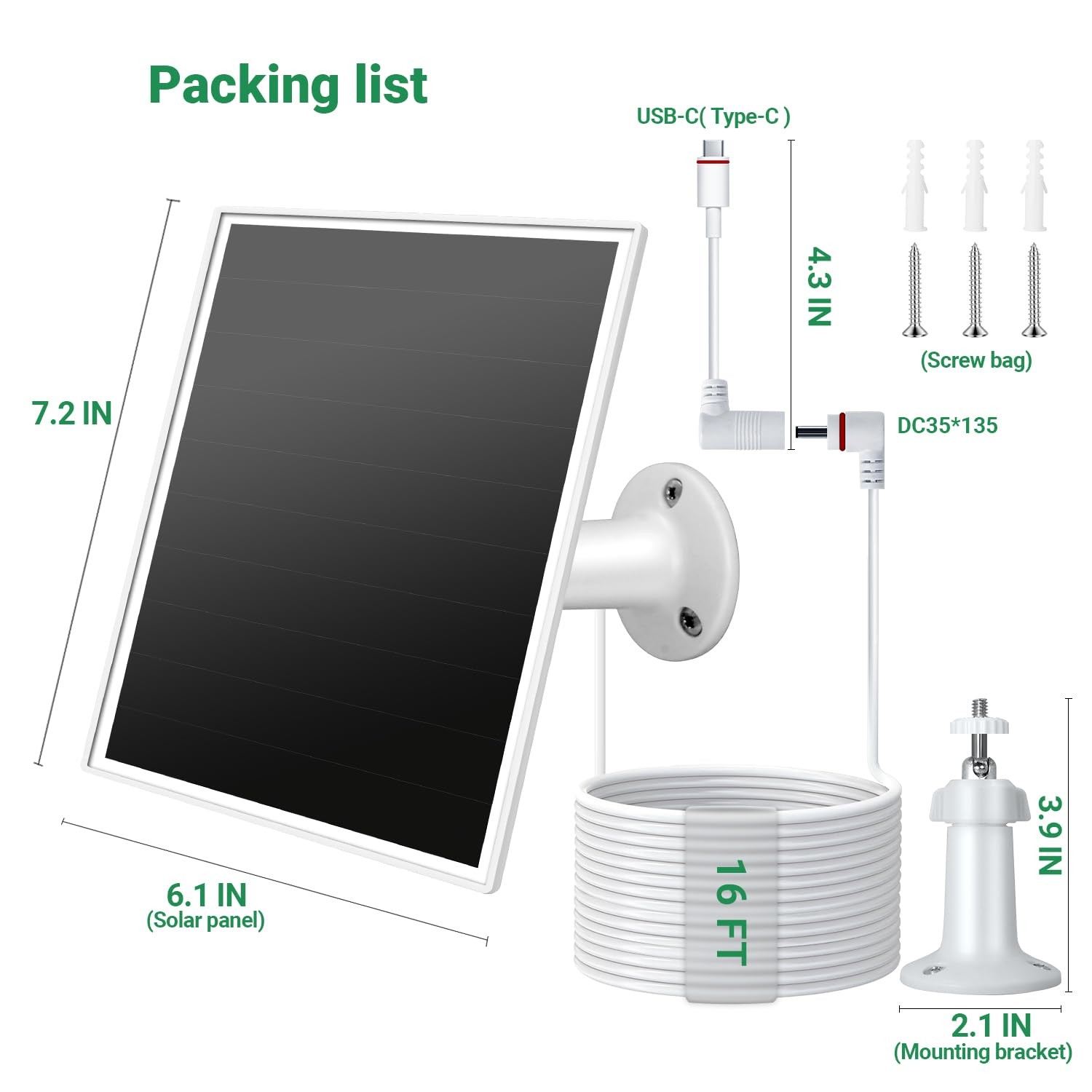 6W Solar Panel for Camera Barrel Plug 16ft USB-C Cable Waterproof 16ft Cable
