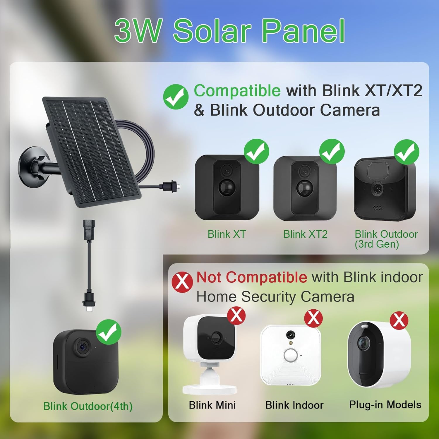 3W Solar Charger for Blink Outdoor Cameras with Adjustable Mount and Waterproof