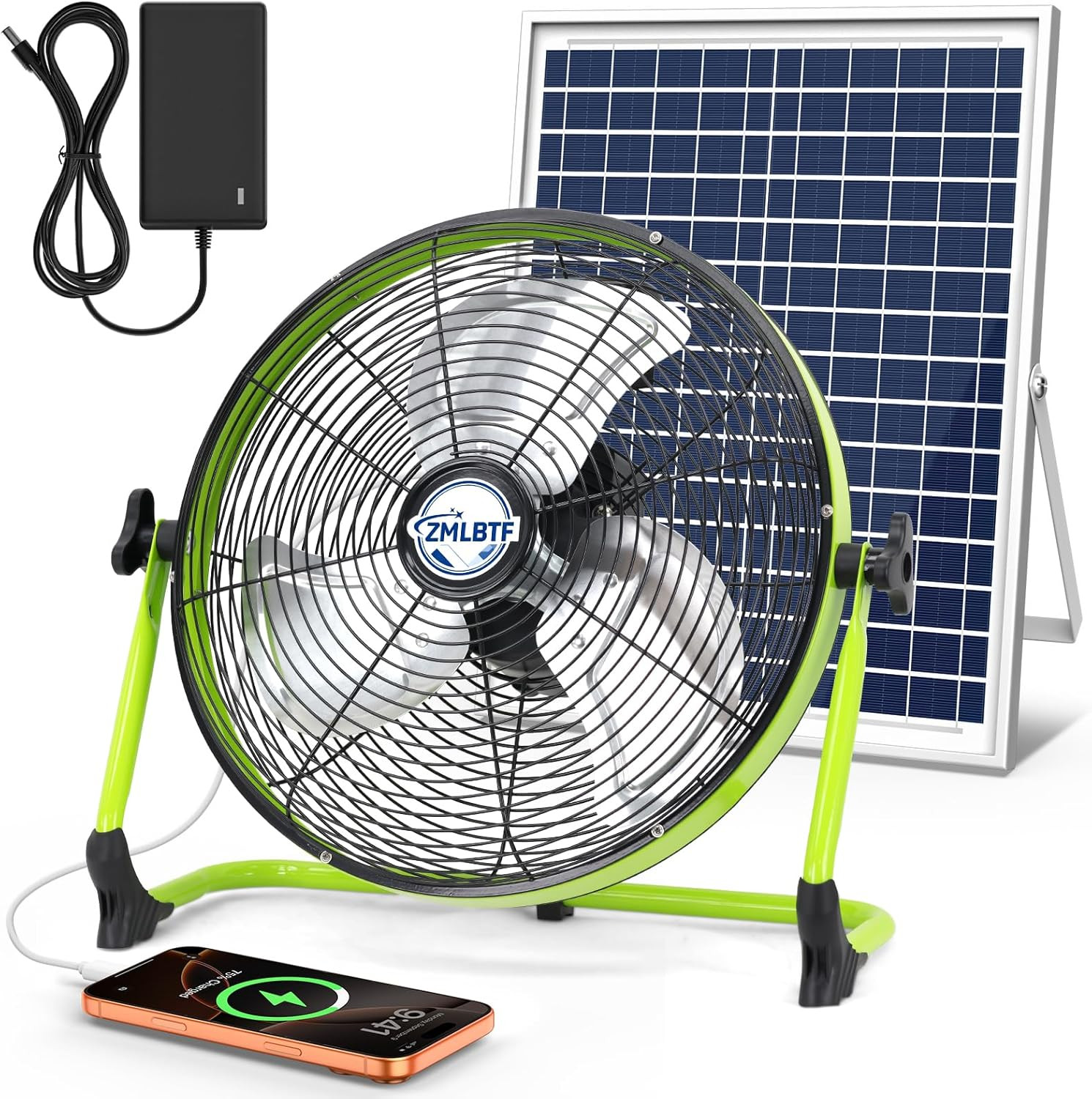 14″ Solar Powered Fan with 20W Solar Panel & Rechargeable Battery, Portable, Qui
