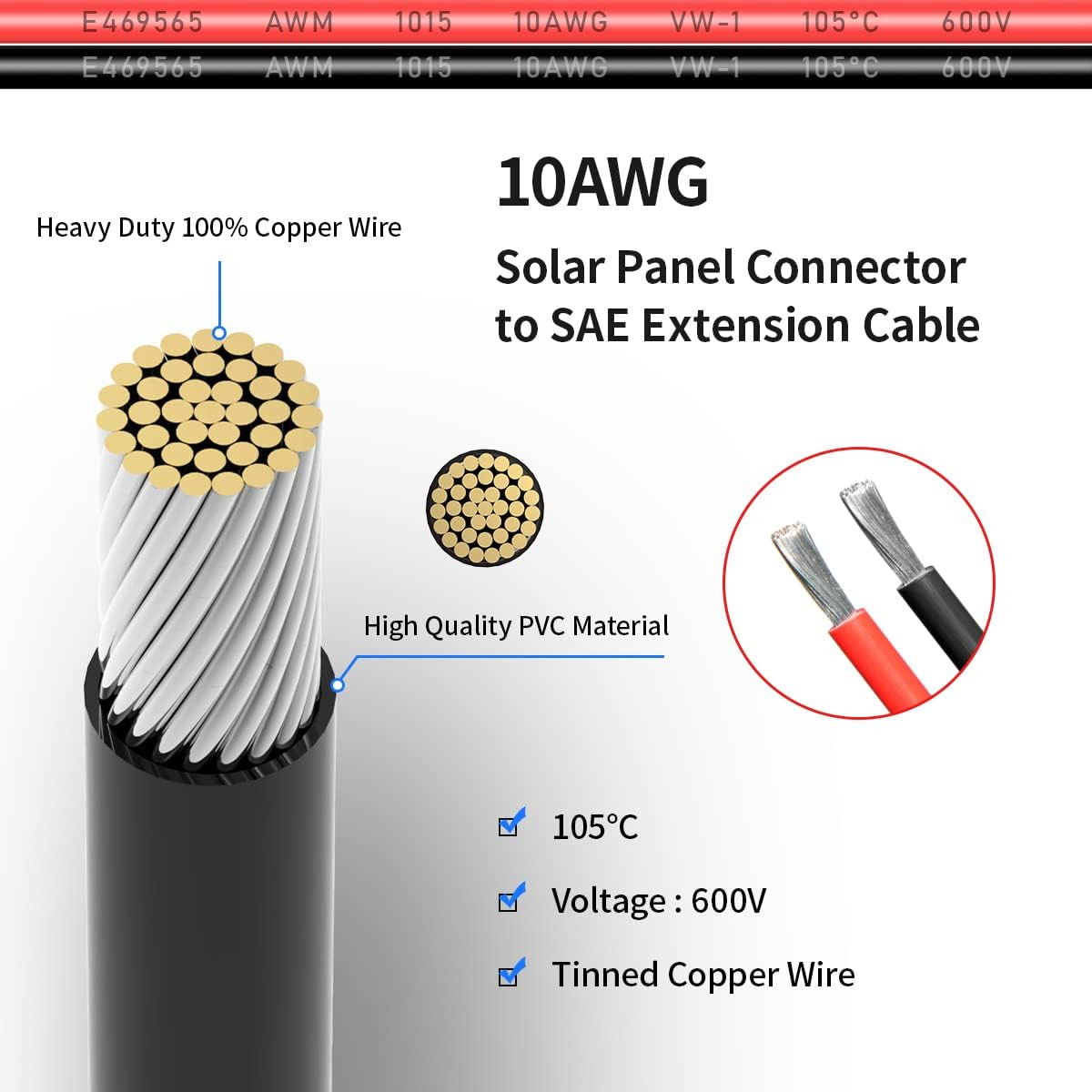 10AWG 2FT Solar Connector to SAE Adapter 2 3.3 10 20 35 50 FT SAE Solar Panel Ex