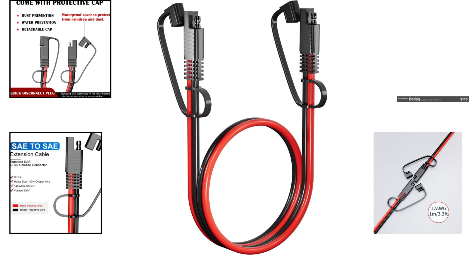 Durable 3.3FT SAE to SAE Extension Cable – 12AWG for Cars and Solar Panels
