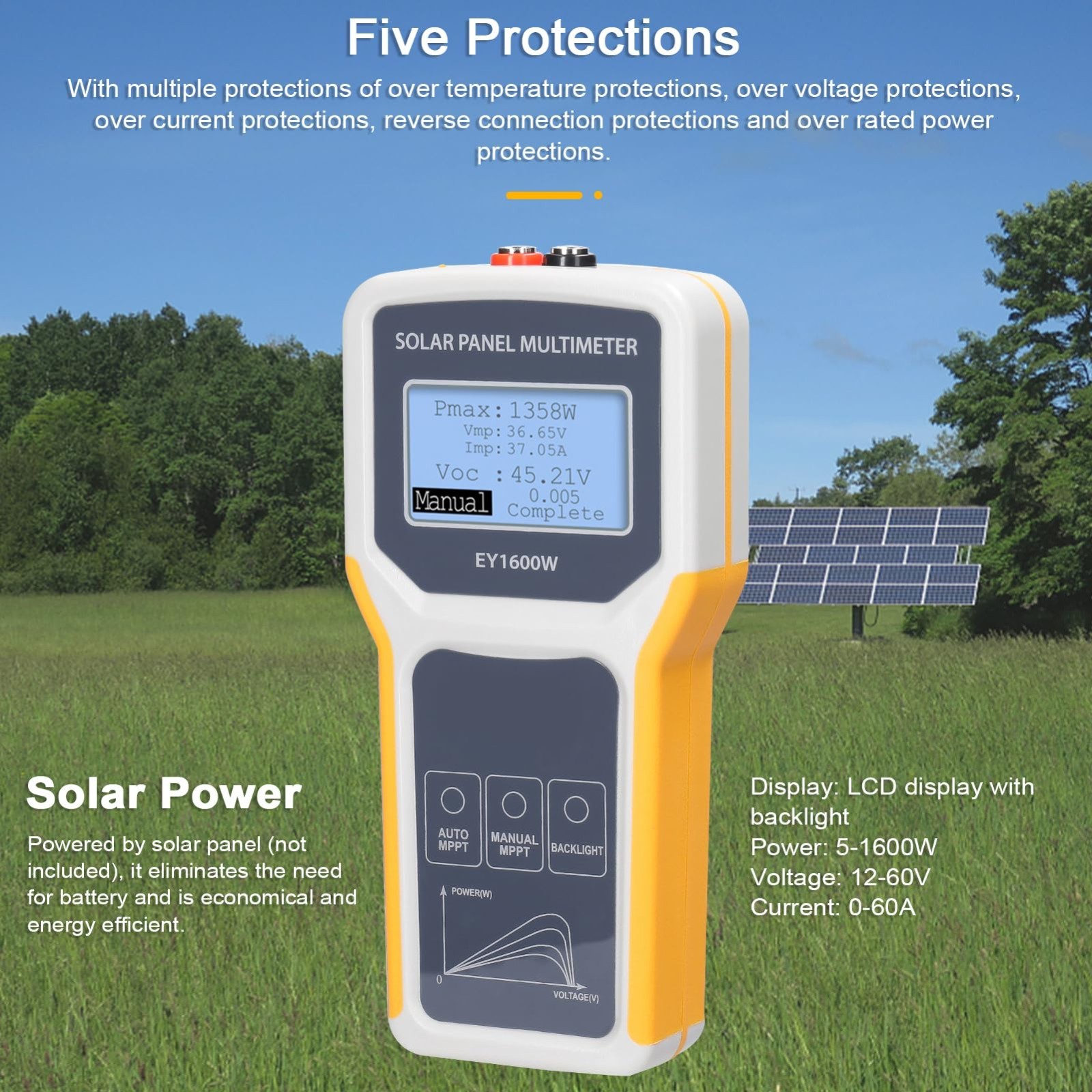 Solar Power Meter 1600W DC/AC Tester for Photovoltaic Panels, MPPT Voltage & Cur