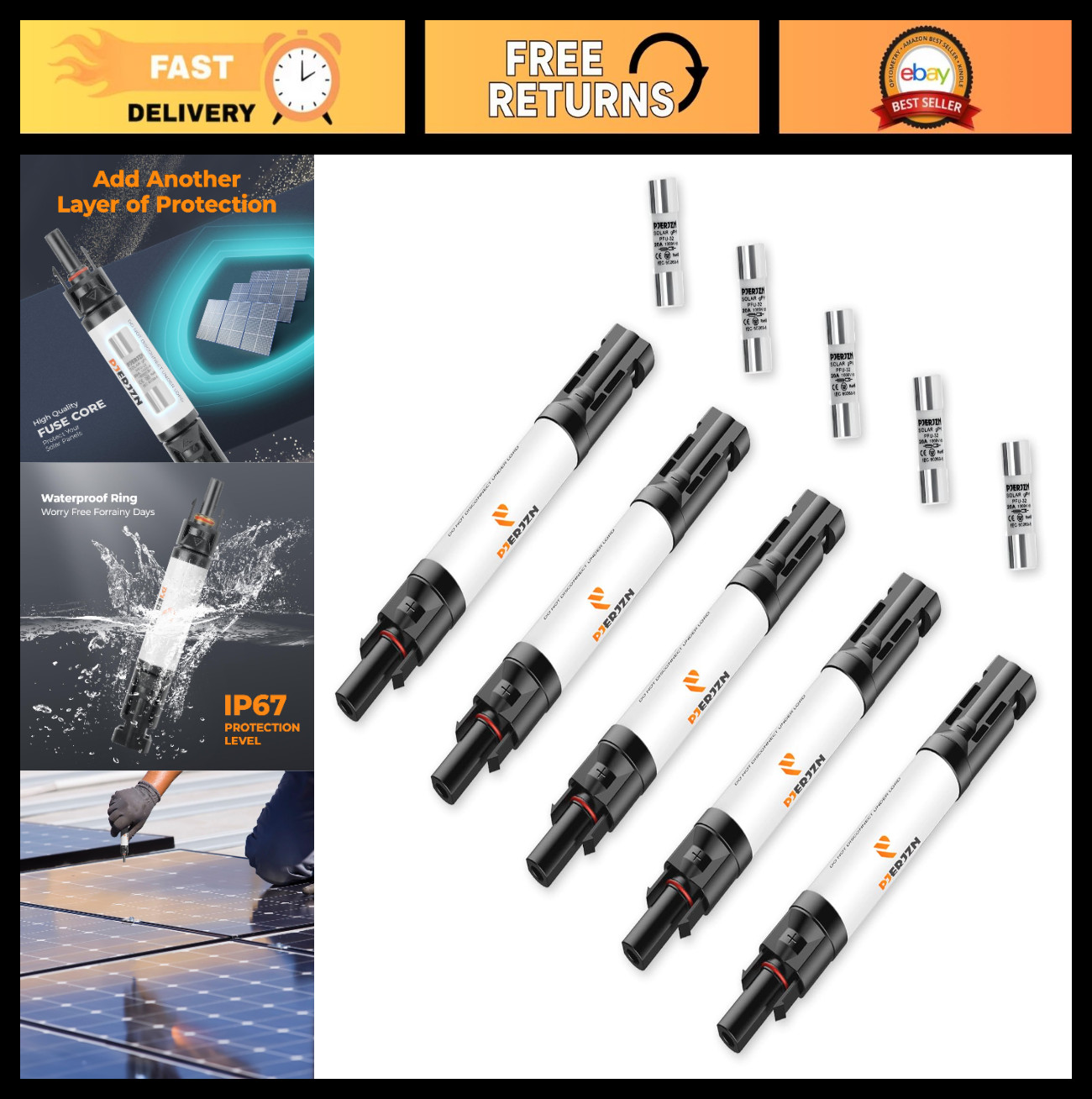 20A Solar Fuse Holder Inline 1000V Waterproof Connector for PV Panels – 5 Pcs