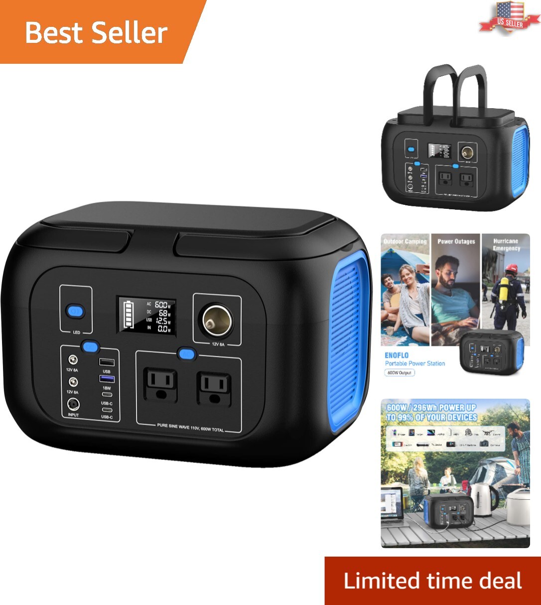 600W Portable Power Station – 296Wh Solar Generator with 9 Outputs & Fast Charge