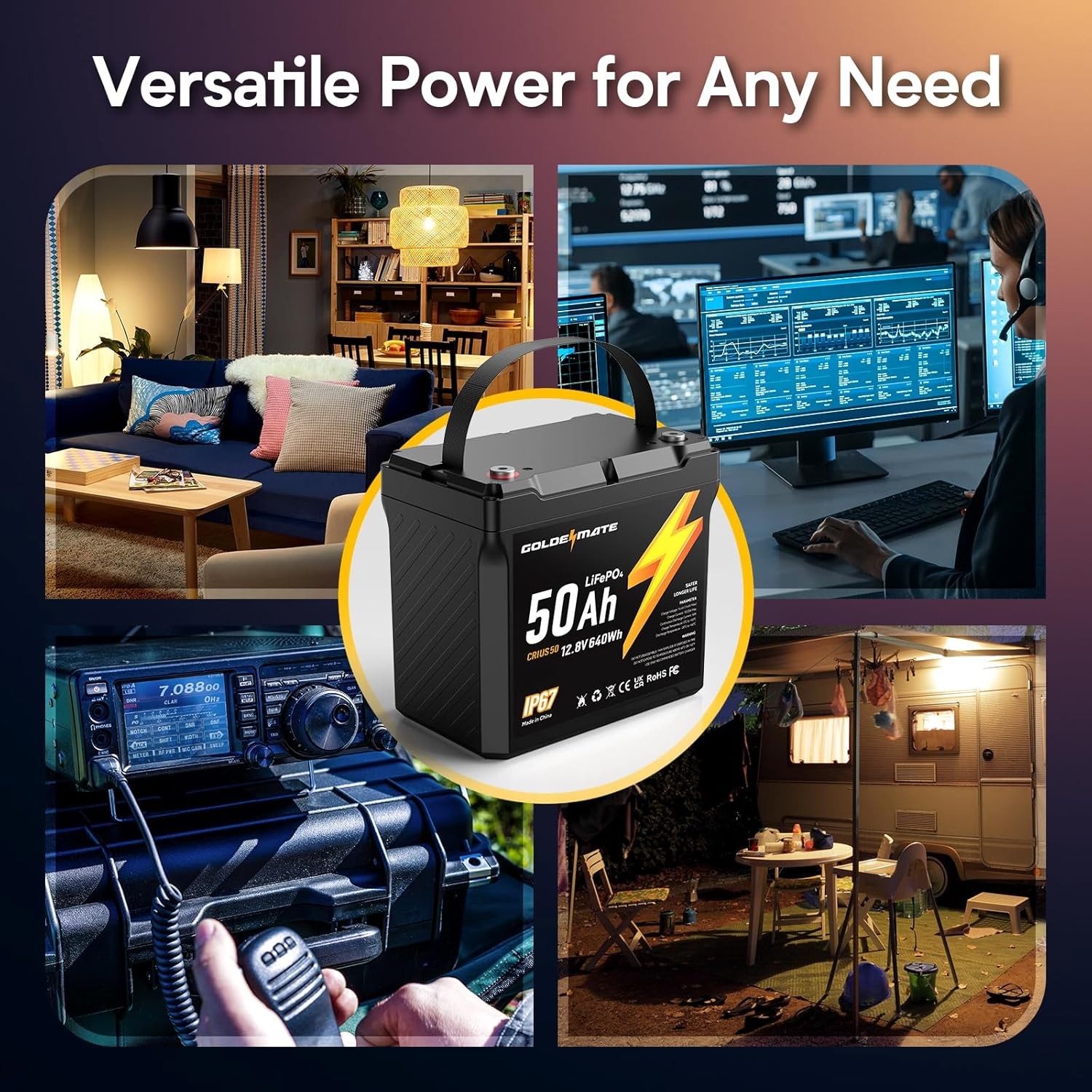 GOLDENMATE 12V 50Ah LiFePO4 Battery IP67 Waterproof Lithium Deep Cycle 640Wh