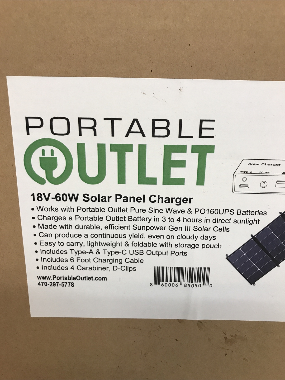 Portable Outlet Solar Panel Charger Model PO-SPC60 18V – 60W New In Box