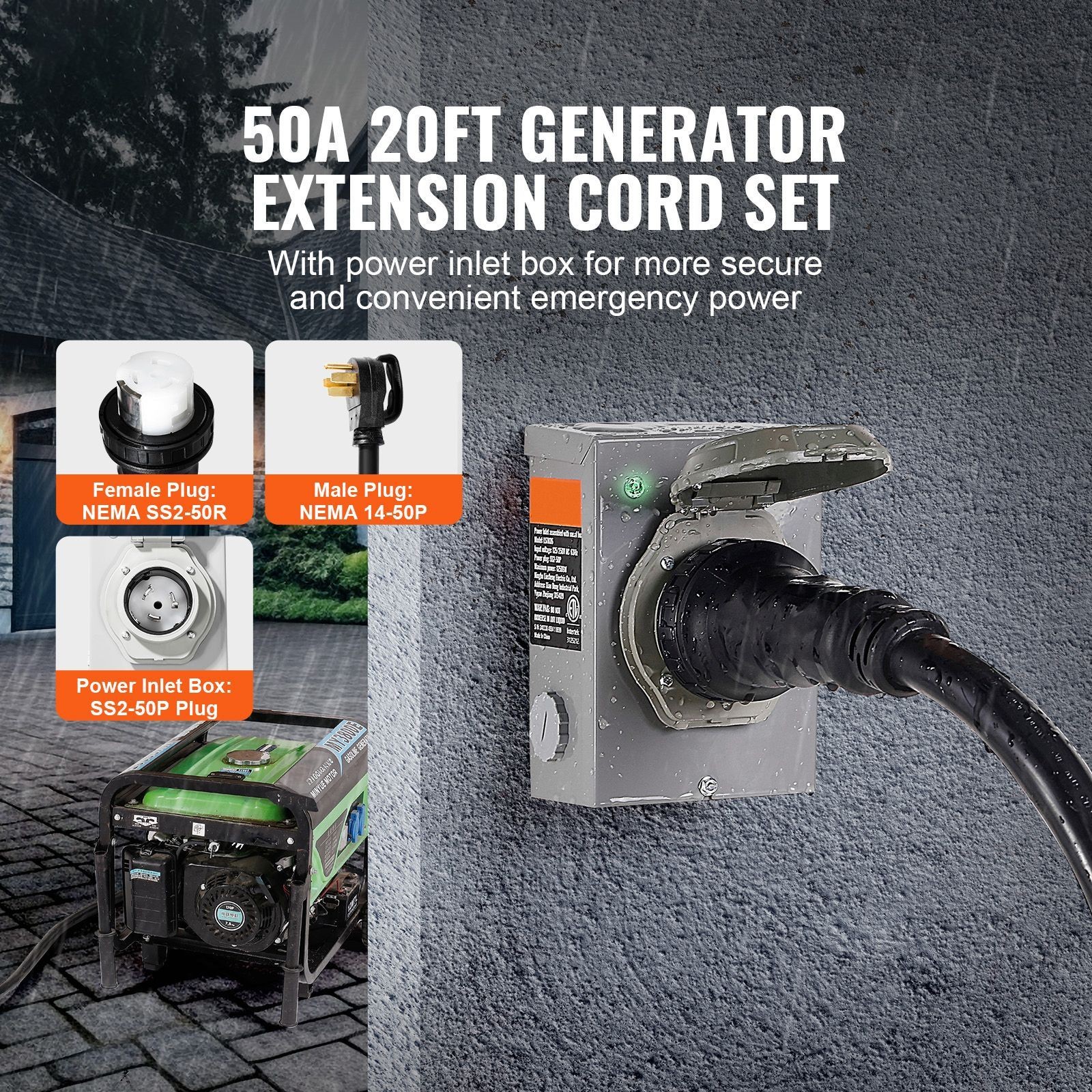 50 Amp Generator Cord and Power Inlet Box Kit, 20FT, NEMA 14 – 50P/ SS2 – 50R