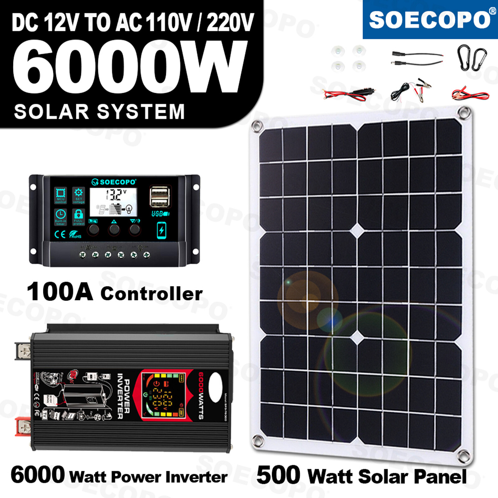 6000W 100A 220V Solar Panel Kit Complete Solar Power Generator Home Grid Syste
