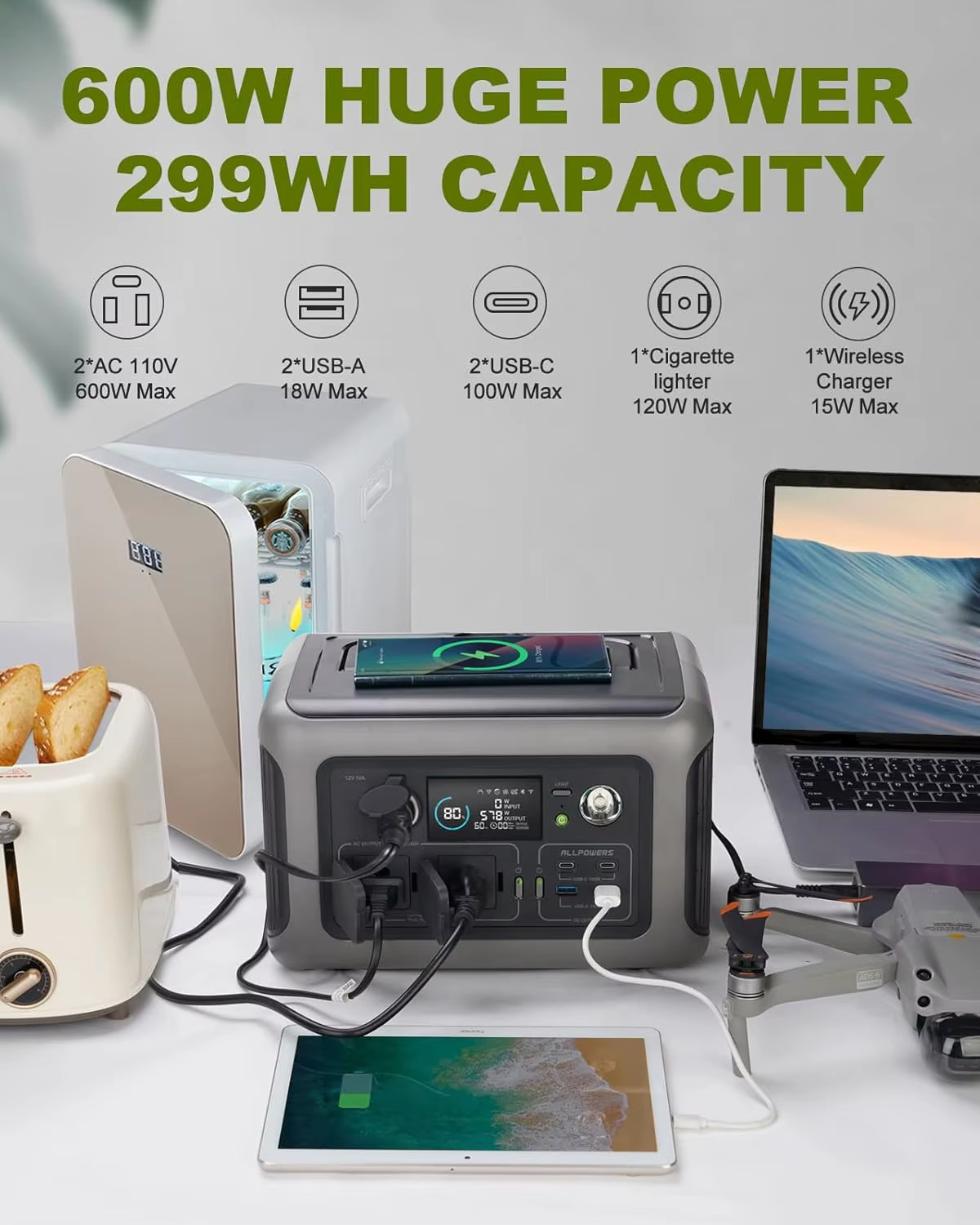 ALLPOWERS R600 Portable Power Station 299Wh LiFePO4 Battery Solar Generator 600W