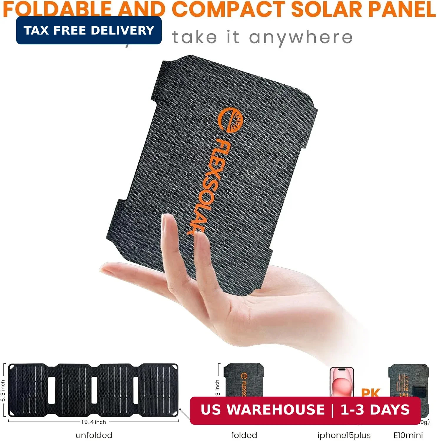 FlexSolar 10W Foldable Solar Panel Charger USB IP67 for Camping Hiking 4 Folds