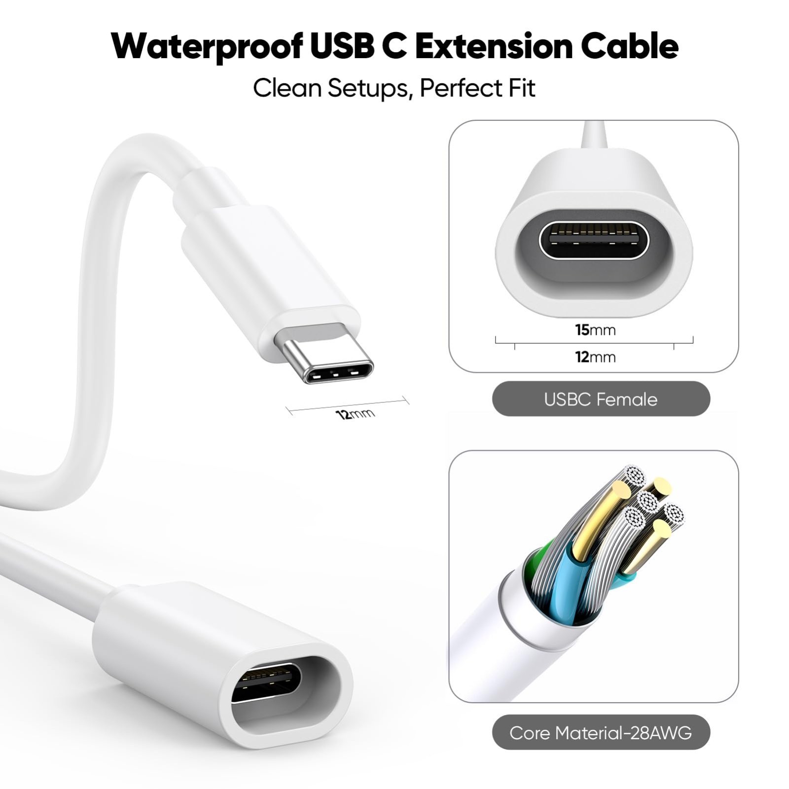15FT USB-C Extension Cable – Waterproof Male to Female Charger for Solar Panels,