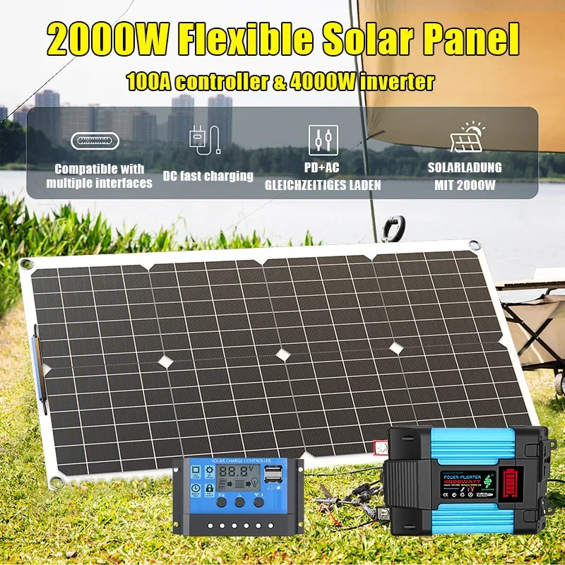 110V220V 6000W Flexible Solar Panel System Kit 12V Battery Charger Controller In