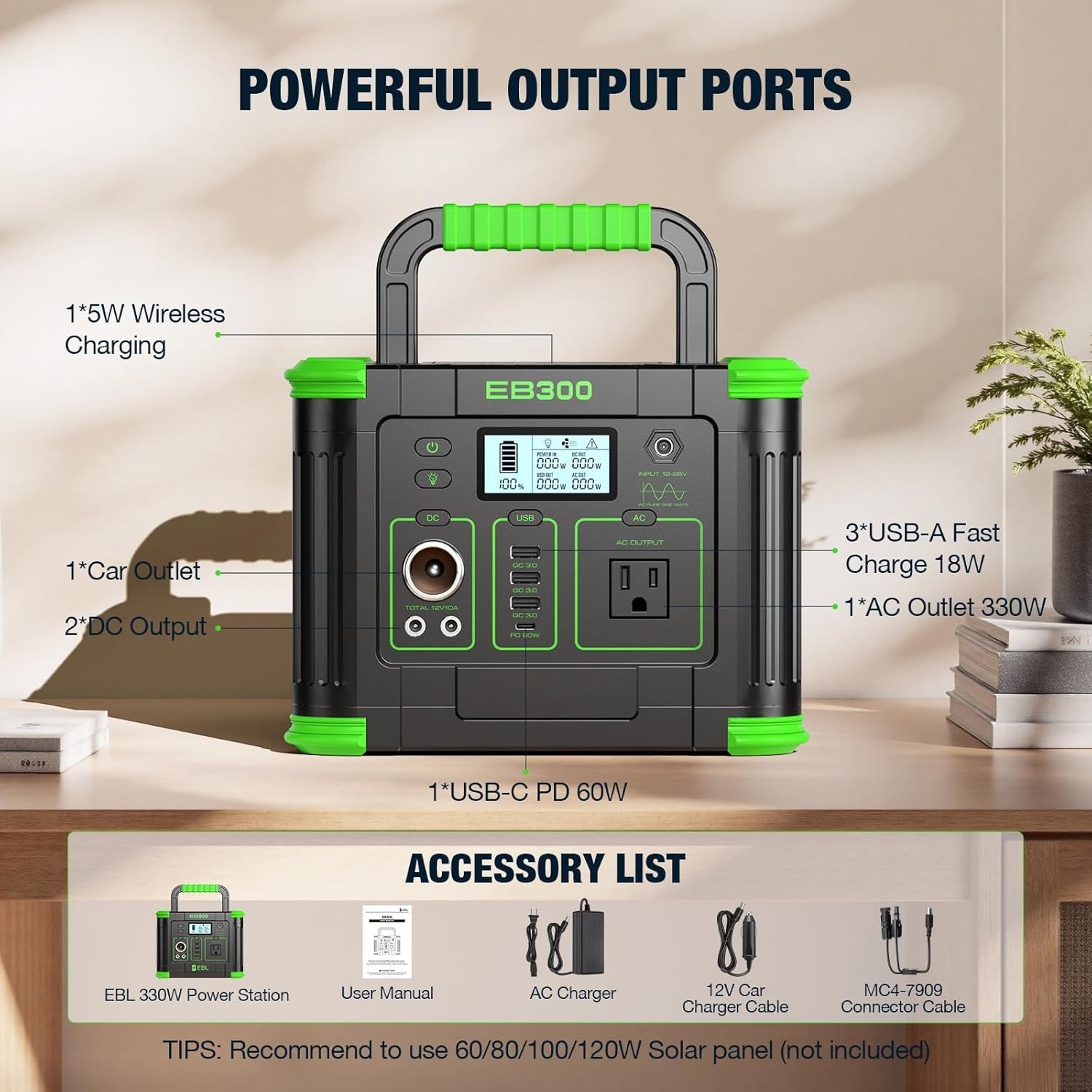 Portable Power Station 330W, GRECELL 288.6Wh Solar Generator with 60W USB-C PD O