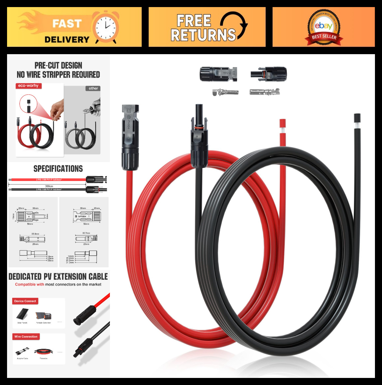 10FT 10AWG Solar Extension Cable 30A/1000V DC, Waterproof IP67, Quick Connectors