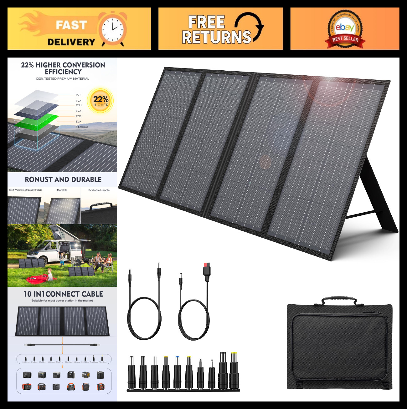 60W Foldable Solar Panel Charger – 18V DC Outlet for Portable Power Stations, QC