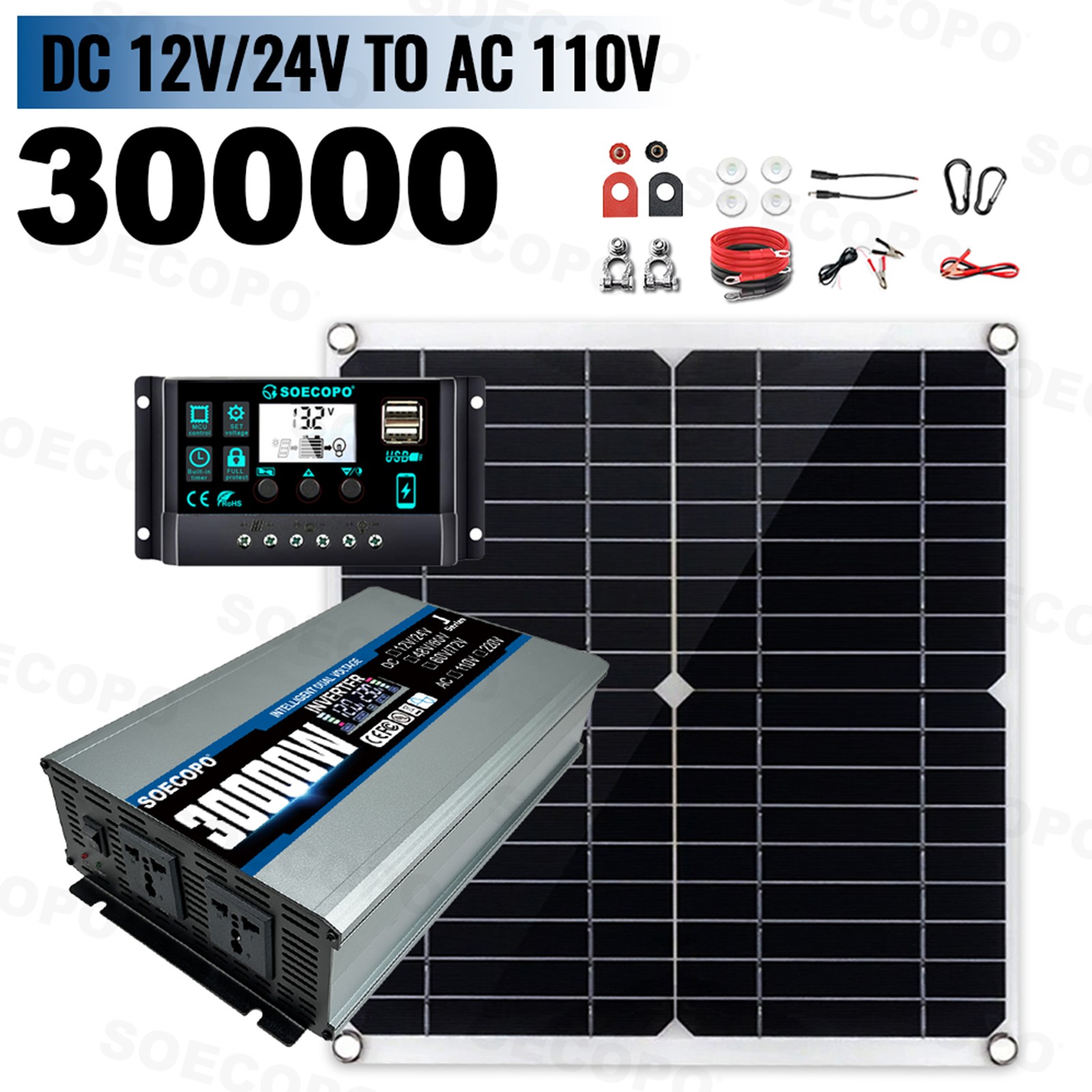30000W High-Efficiency Solar Energy System | 300W Panel + Controller + Inverter