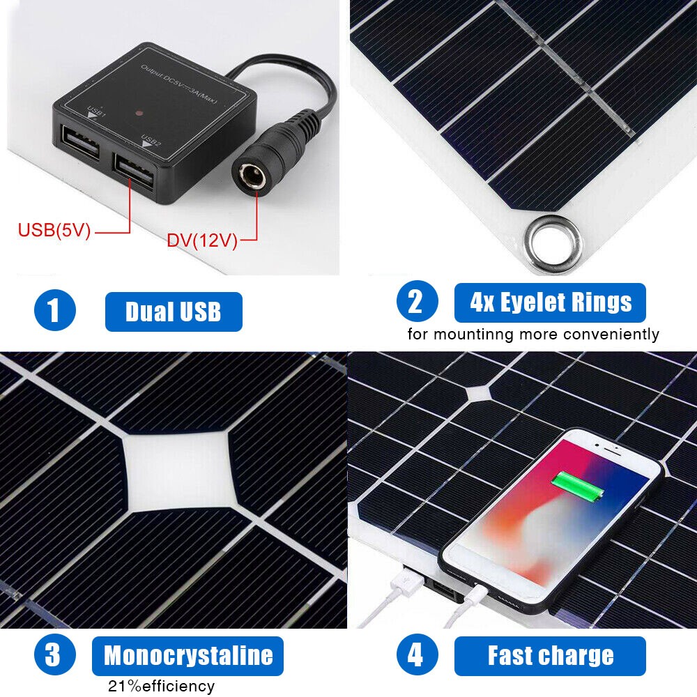 12V Monocrystalline Solar Panel Kit 100A Controller Charger RV Boat Car Camping