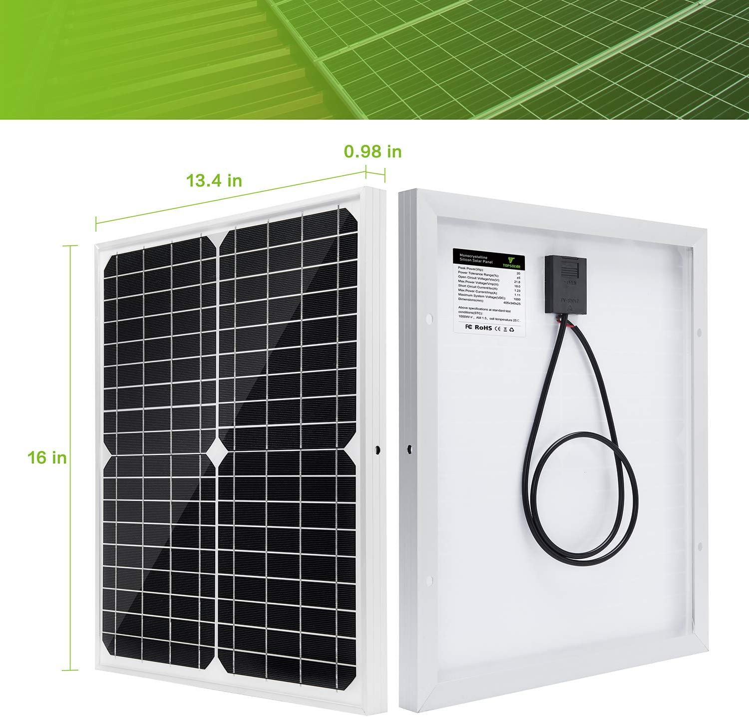 Solar Panel Kit 20W 12V Monocrystalline with 10A Solar Charge Controller + Exten