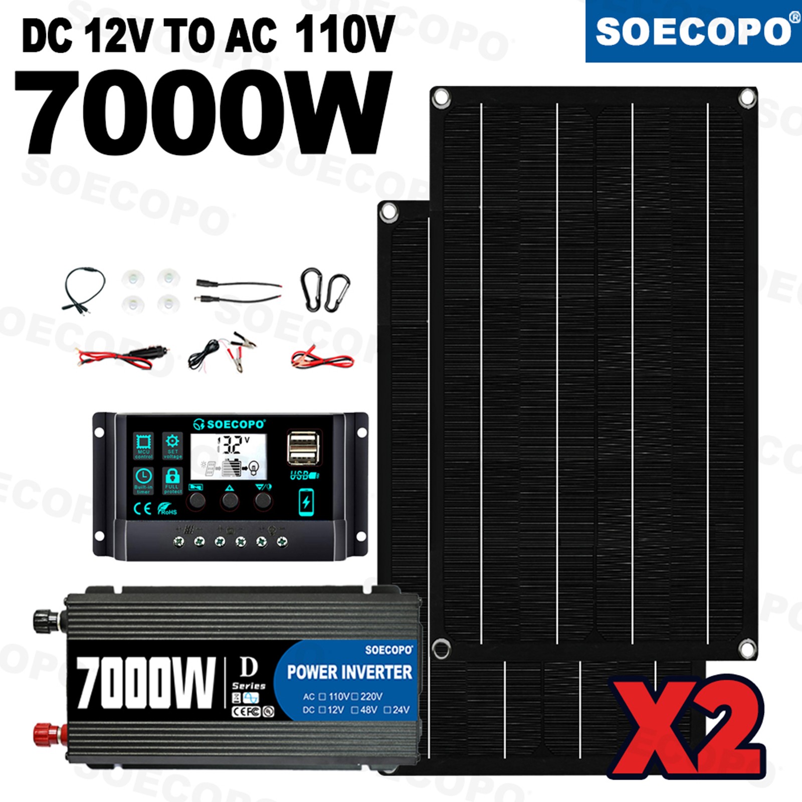 7000W Solar Power Kit | Inverter, 2 Solar Panels, 100A Controller with Display