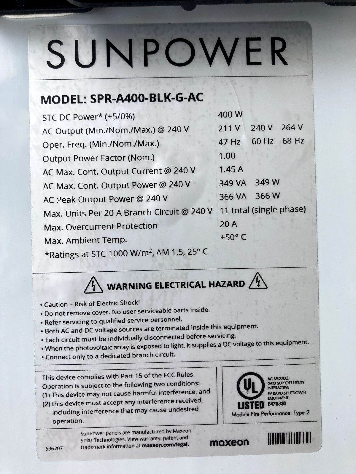 New SunPower Maxeon all-black 400W solar panel, model SPR-A400-BLK-G-AC