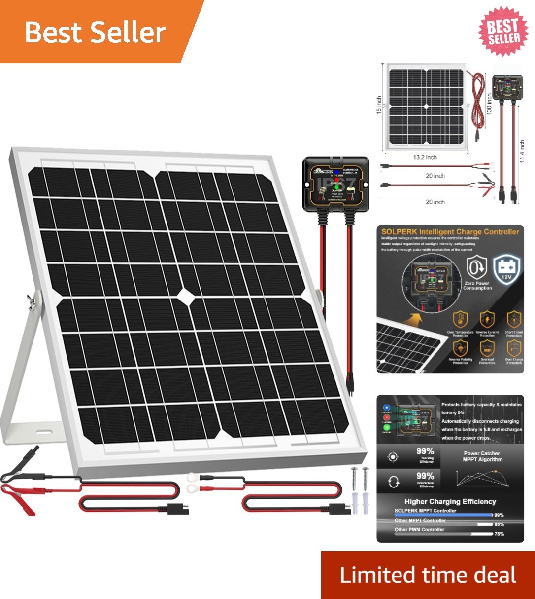 20W Waterproof Solar Panel Kit with Smart MPPT Controller & Adjustable Bracket