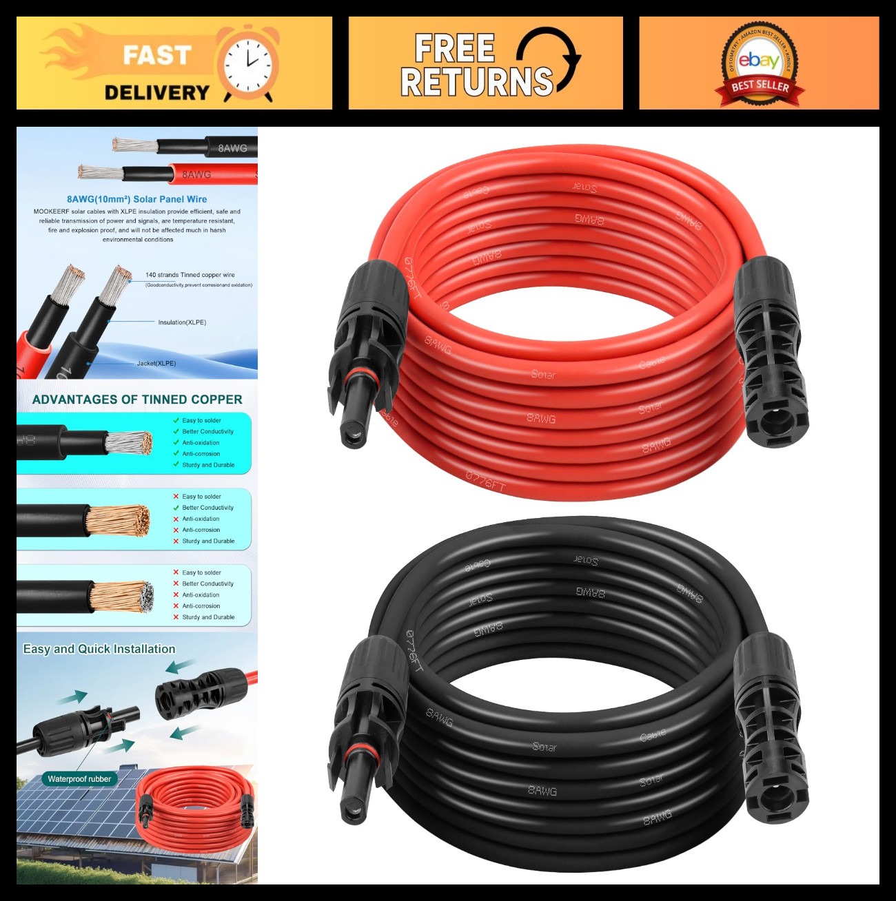 20FT 8AWG Solar Panel Extension Cable with Waterproof Connectors for RV, Home, B