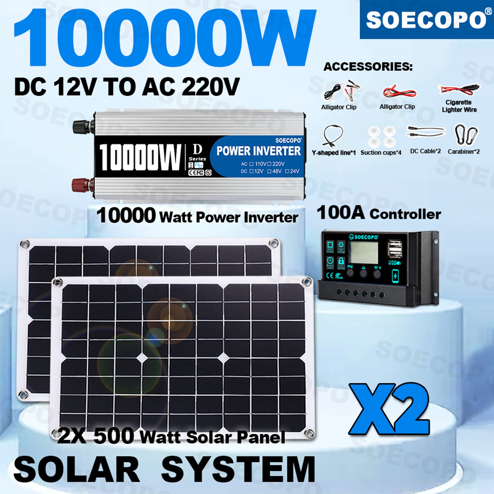 10000W Solar Power Kit 12V-110V/220V + 2pcs Solar Panels + 100A ControllerxY