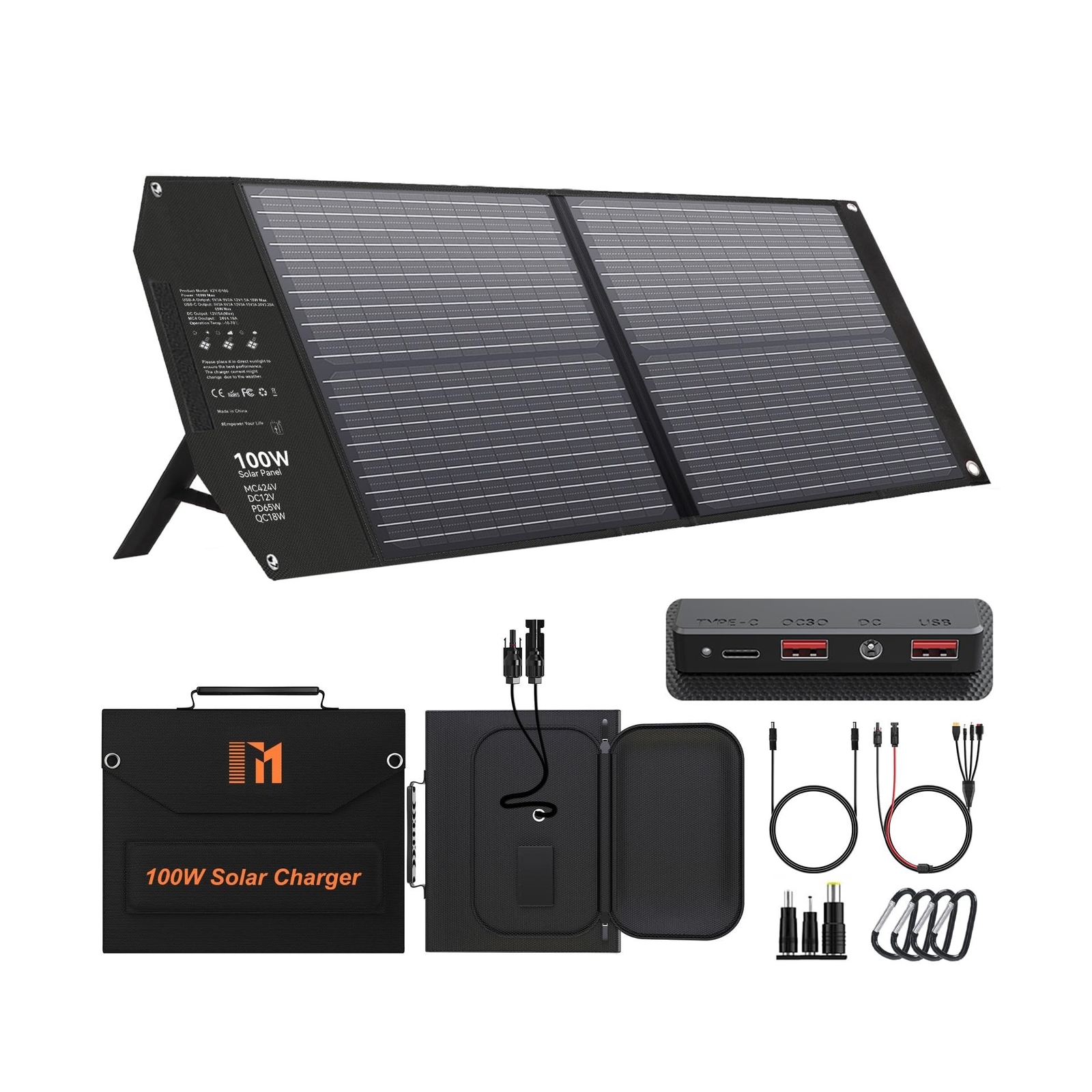 100W Portable Solar Panel, 5 Ports Solar Charger with 24V MC4 Port, DC(12V)/ …