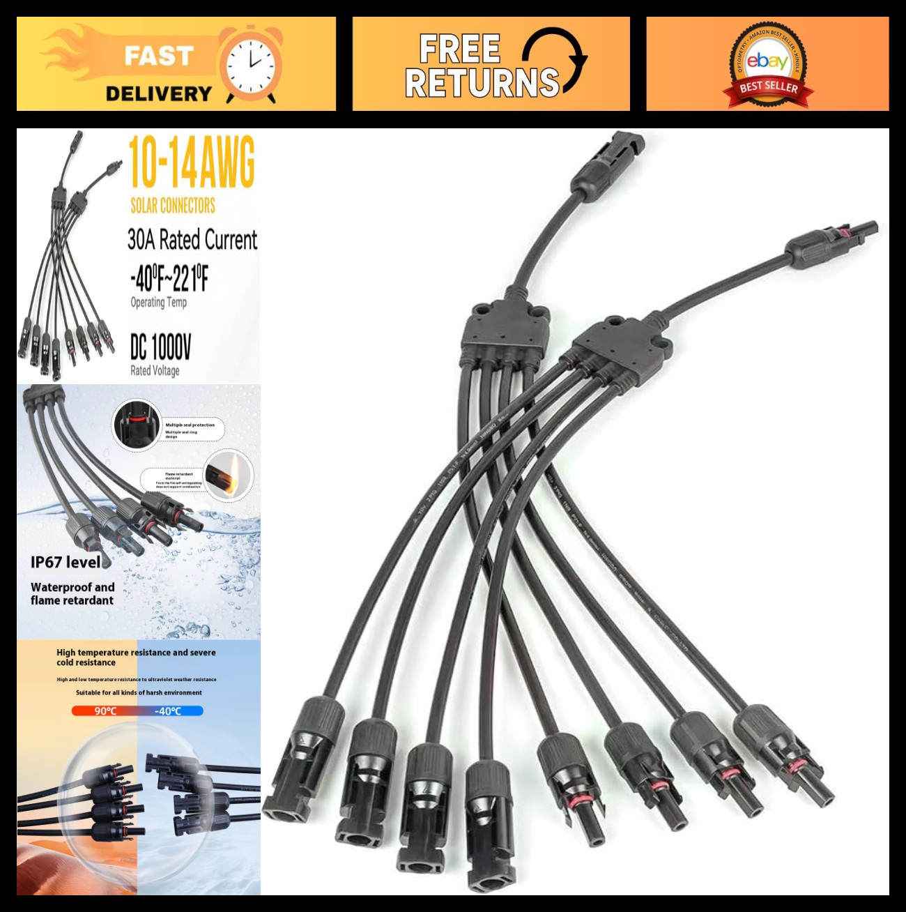 Y Branch Solar Panel Connectors 1 to 4 Parallel Adapter Cable 1500V 19.9in (2pcs