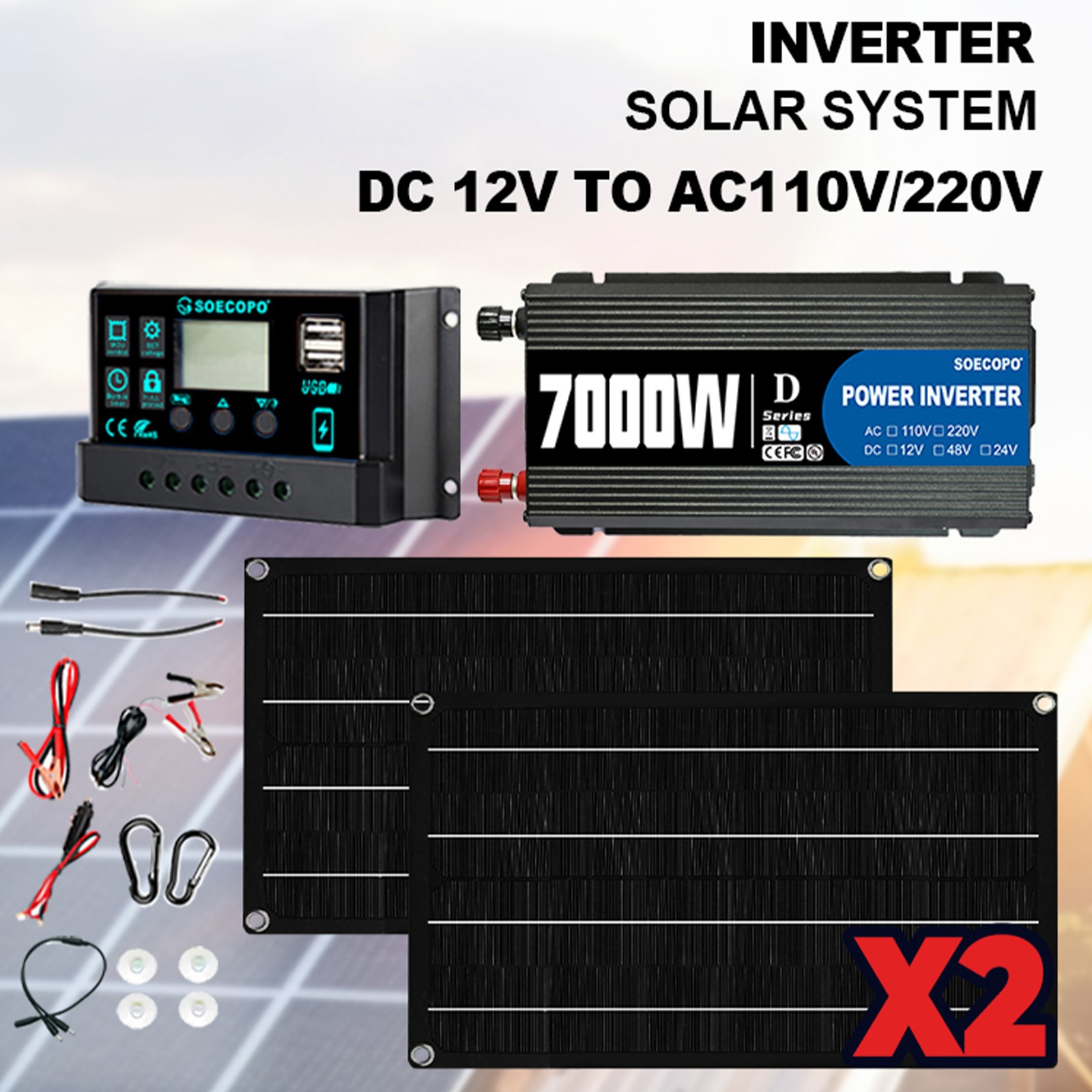 7000W Solar Power Kit | Inverter, 2 Solar Panels, 100A Controller with Display