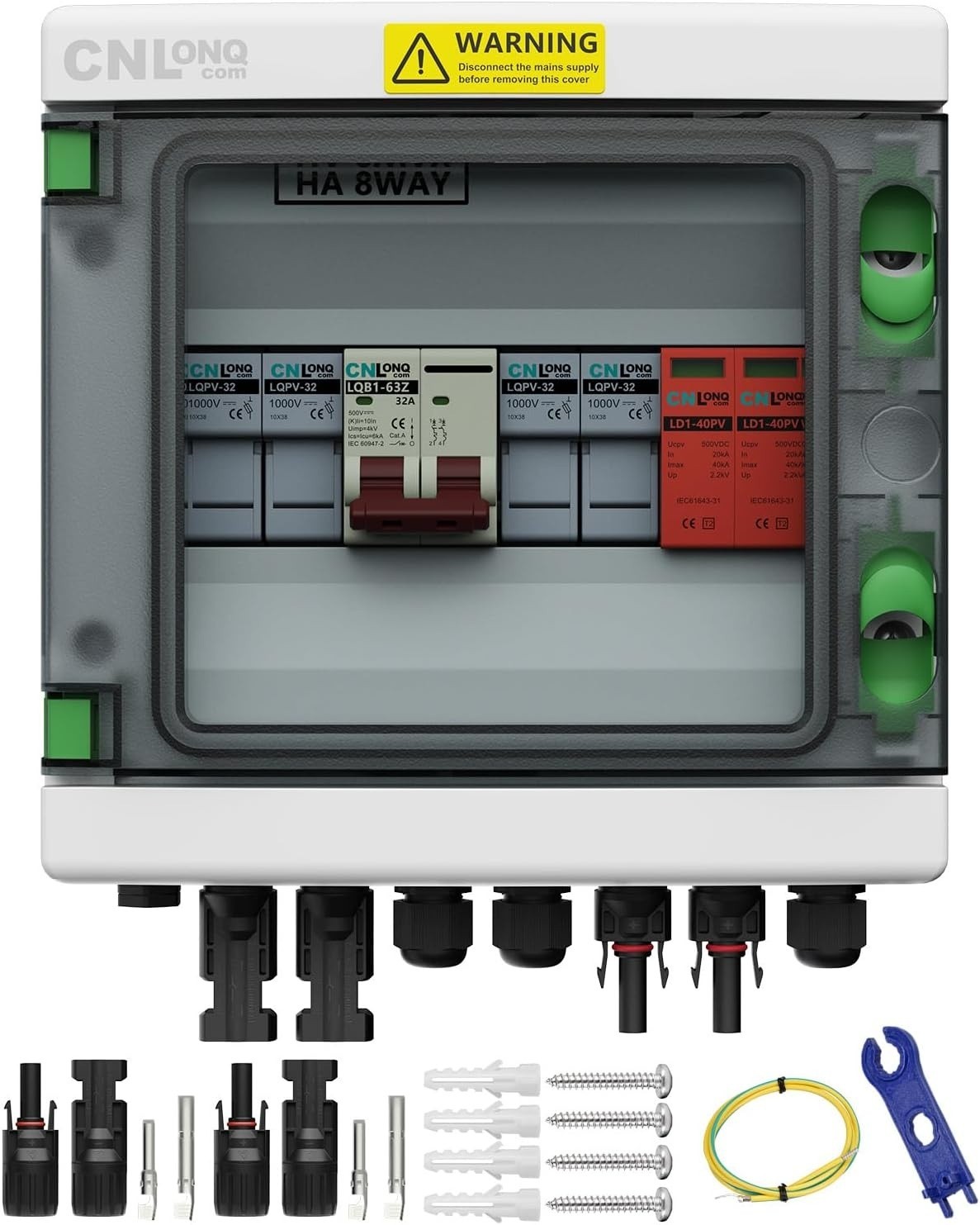 2 String Solar PV Combiner Box IP65 2 in 1 Out DC500V 32A For Solar Panel System