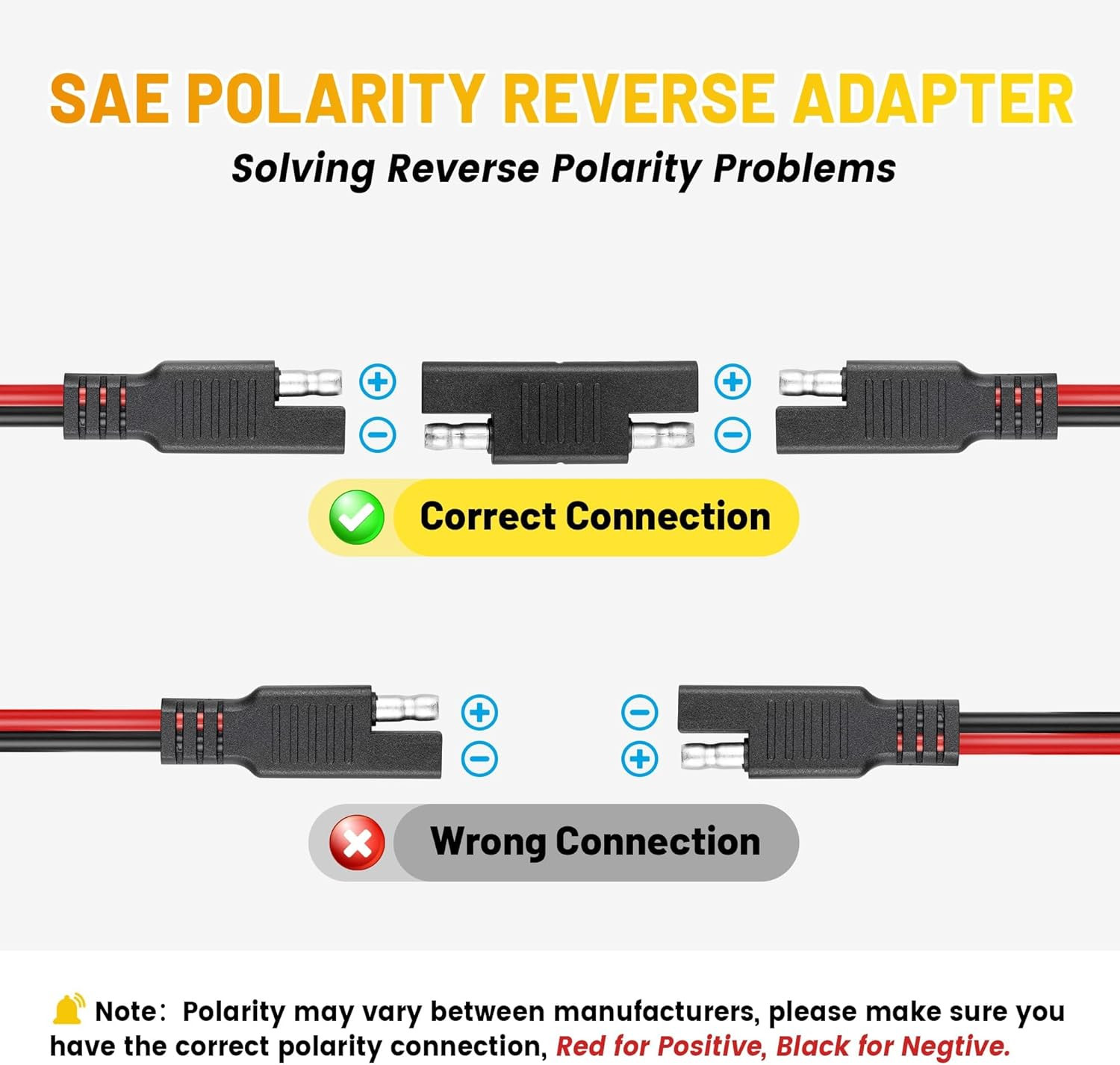6FT 16AWG SAE Extension Cable with Polarity Reversing Adapter, Heavy Duty 2 Pin