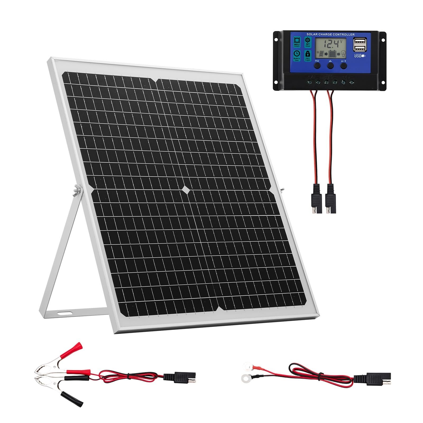 30W 12V Solar Panel Battery Charger – Trickle Maintainer, MPPT Controller, Water