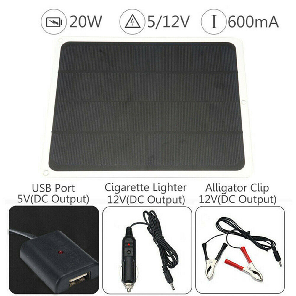 20W Solar Panel 12V Battery Charger Power Supply Maintainer Marine Boat RV Car