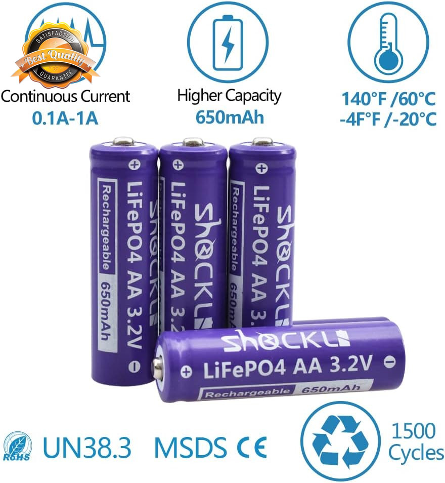LiFePO4 AA Rechargeable Battery 3.2V 650mAh 8 Pack Solar Cell