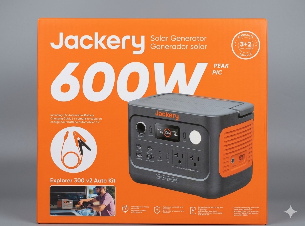 Jackery Explorer 300 v2 Auto Kit Portable Solar Generator 600W Peak – NEW