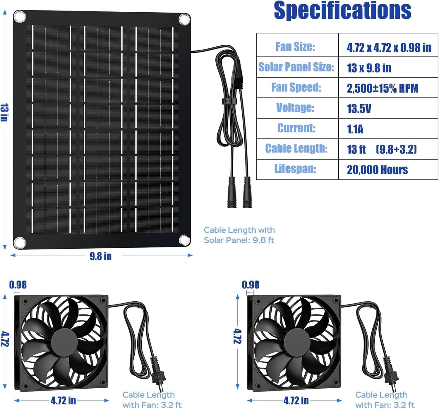 4.7 Inch Solar Powered Fan Kit, 15W Solar Panel with 2 Waterproof Fans, Intak…