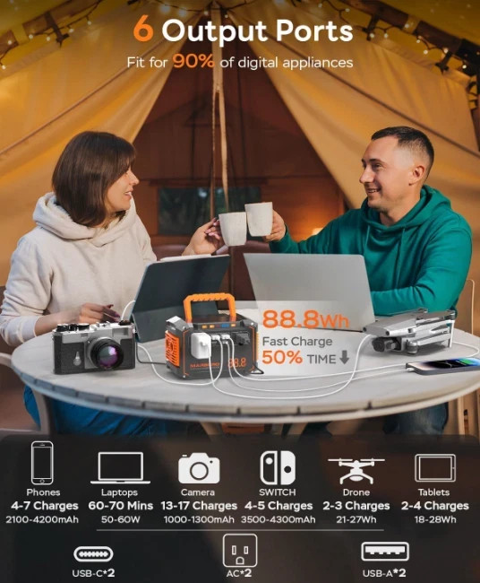 Estación de energía portátil de litio para camping de 88.8 Wh, Generador solar