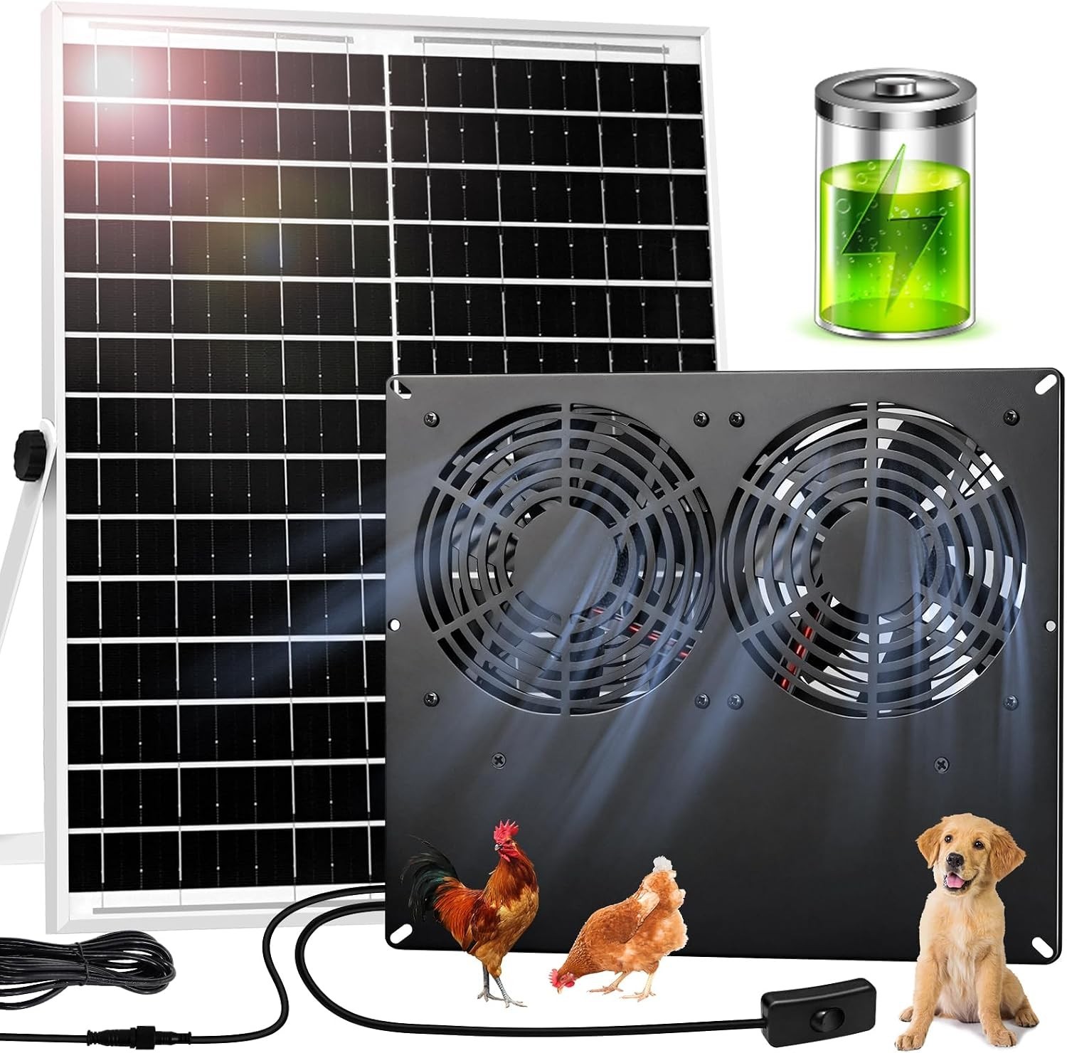 25W Metal Frame Solar Powered Fan with Battery, IP65 Waterproof Solar Exhaust/In