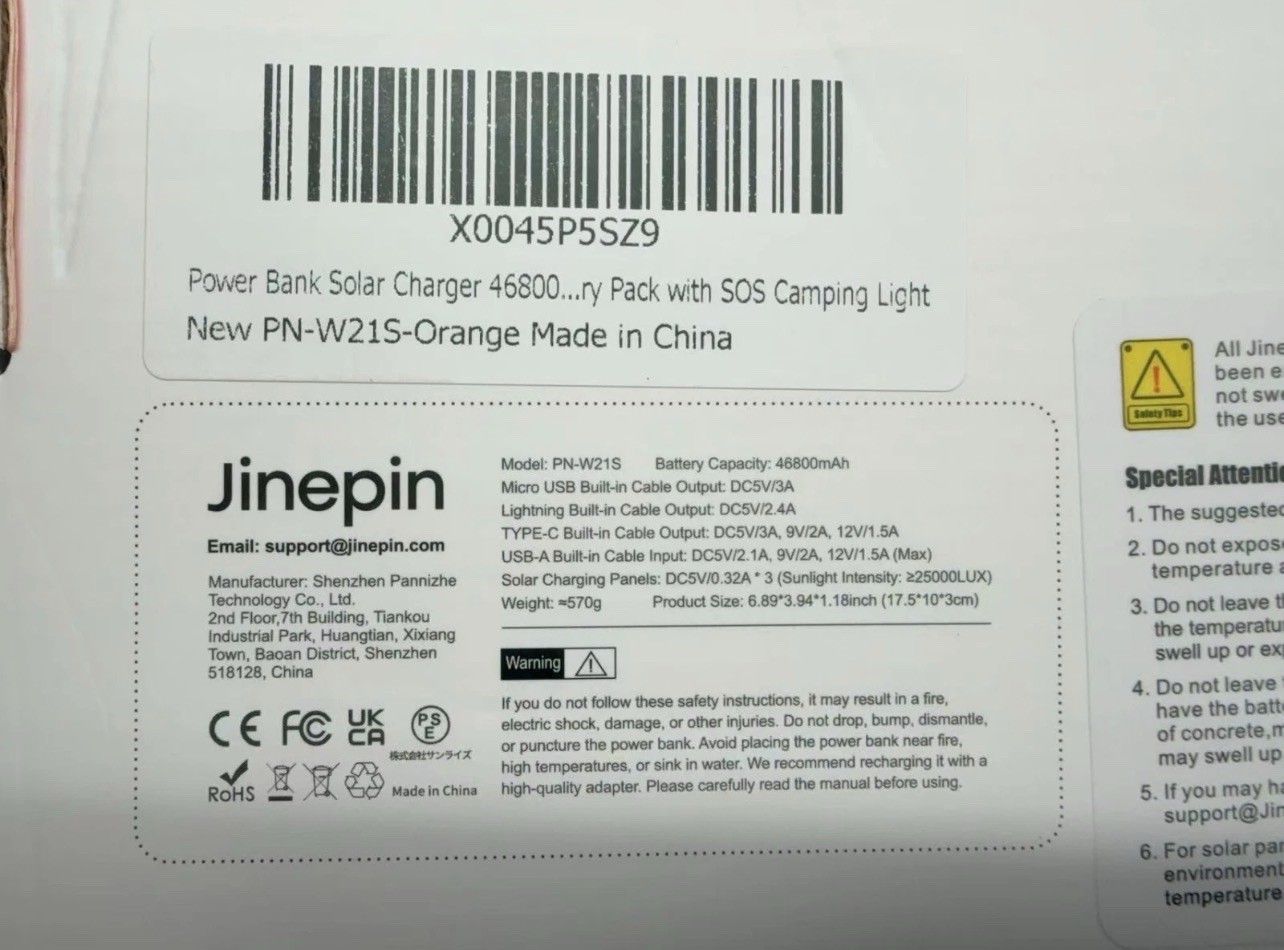 Jinepin PN-W21S Solar Power Bank Charger w/ Flashlight for Camping/Hiking