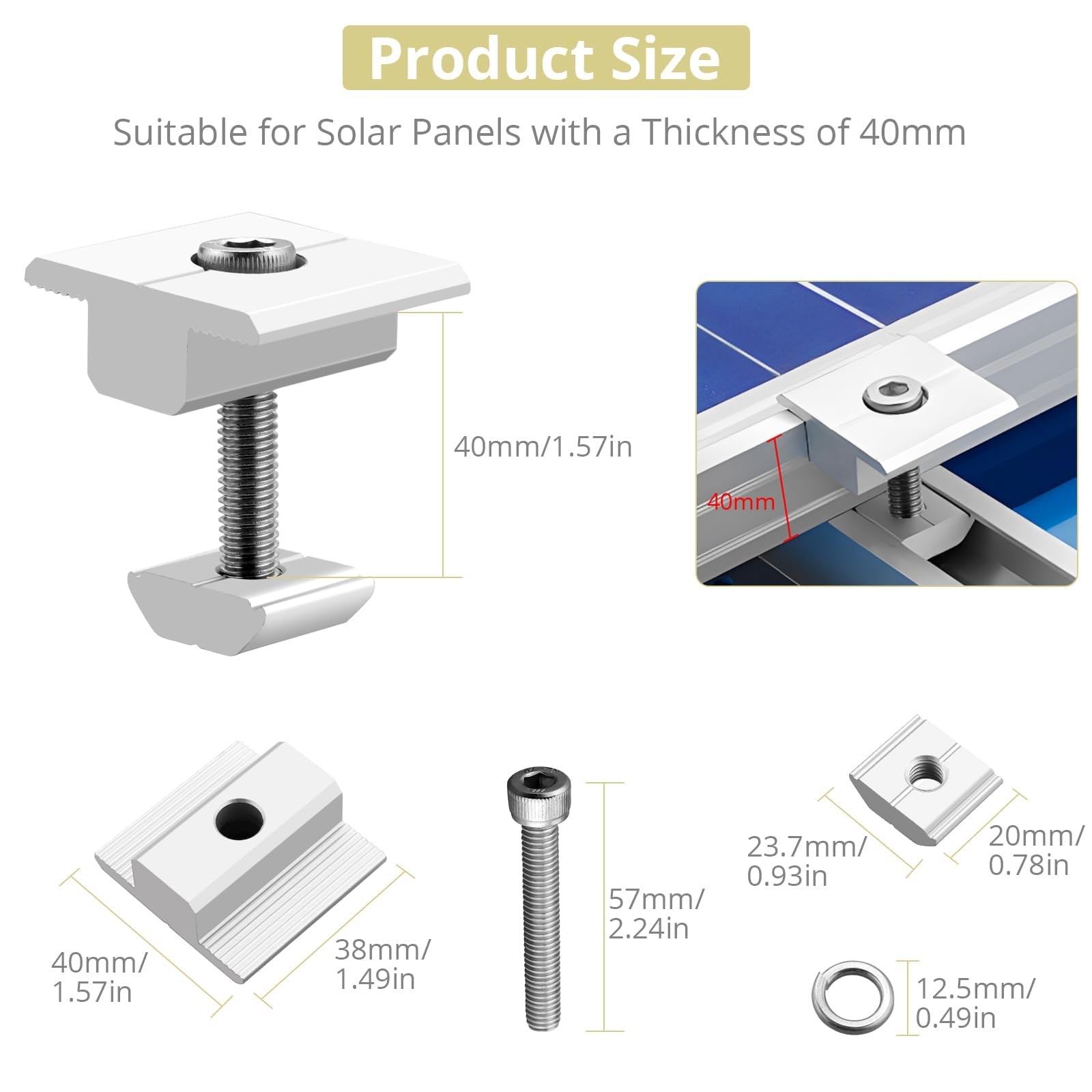 10pcs Solar Panels Centre Aluminium T-Shaped Mid Clamps 10 Screws M8 Panel