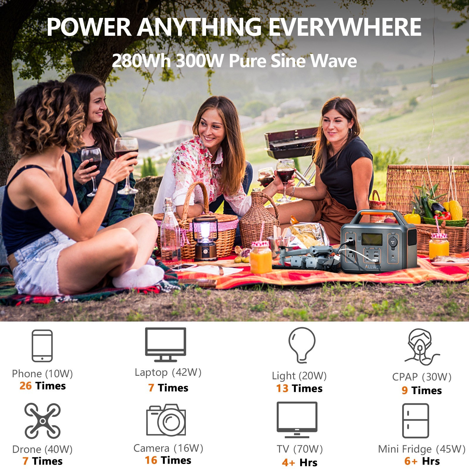 ALLWEI Portable Power Station 300W 280Wh Solar Generator for Home Camping Travel