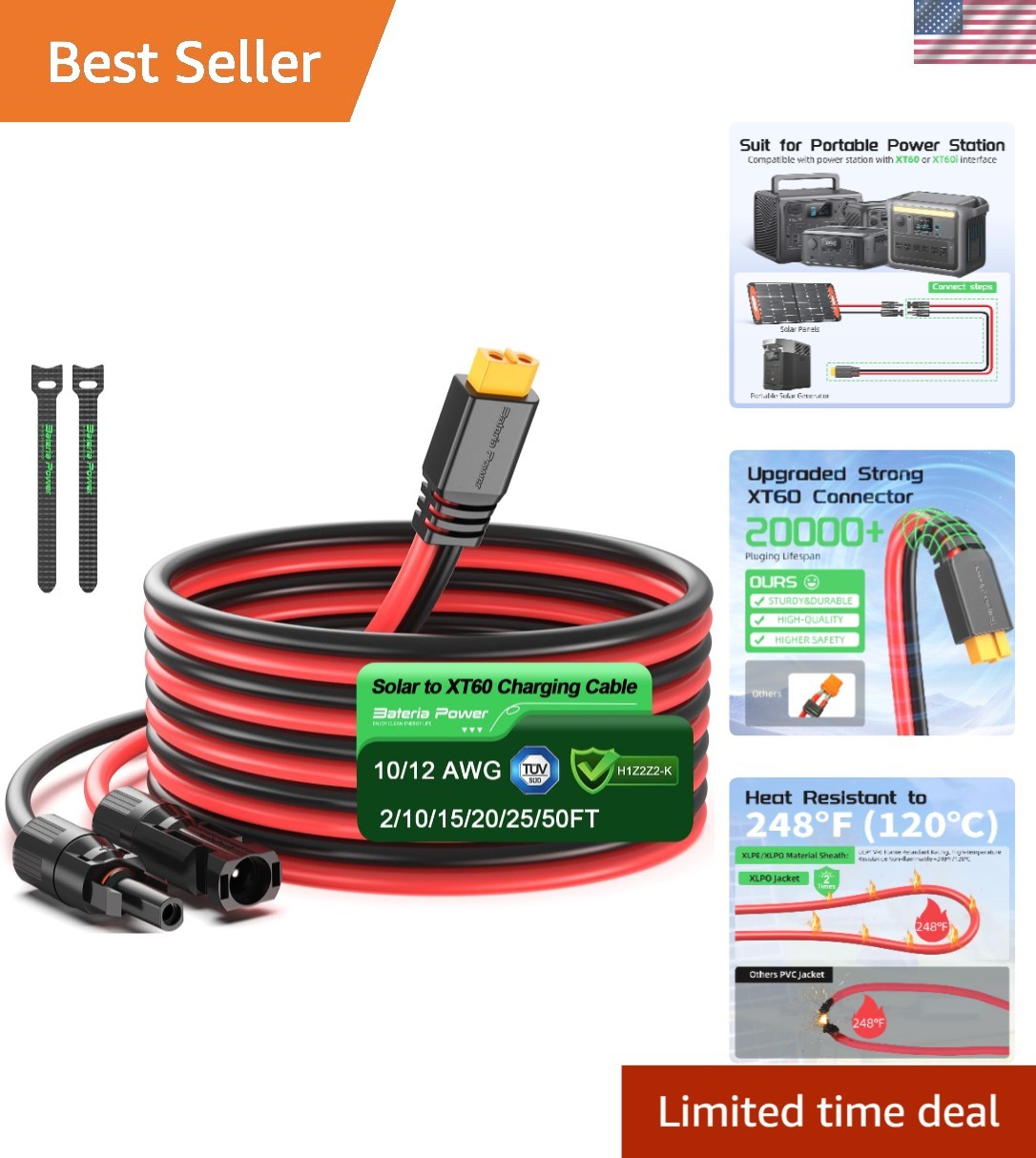 Versatile 10FT Solar Extension Cable with XT60 Connector – Easy Installation