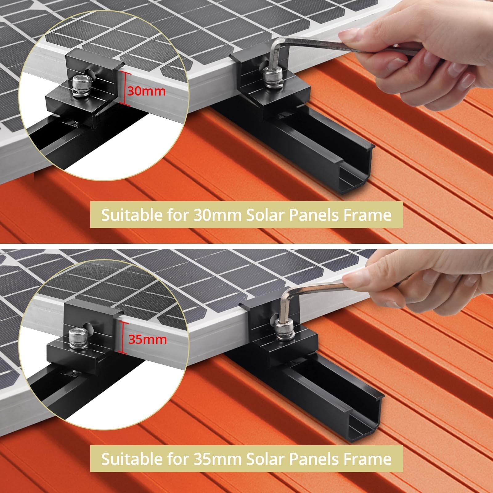 Aluminium Solar Panel Mounting Rail & Adjustable Clamps Bracket Kit 6PC Black