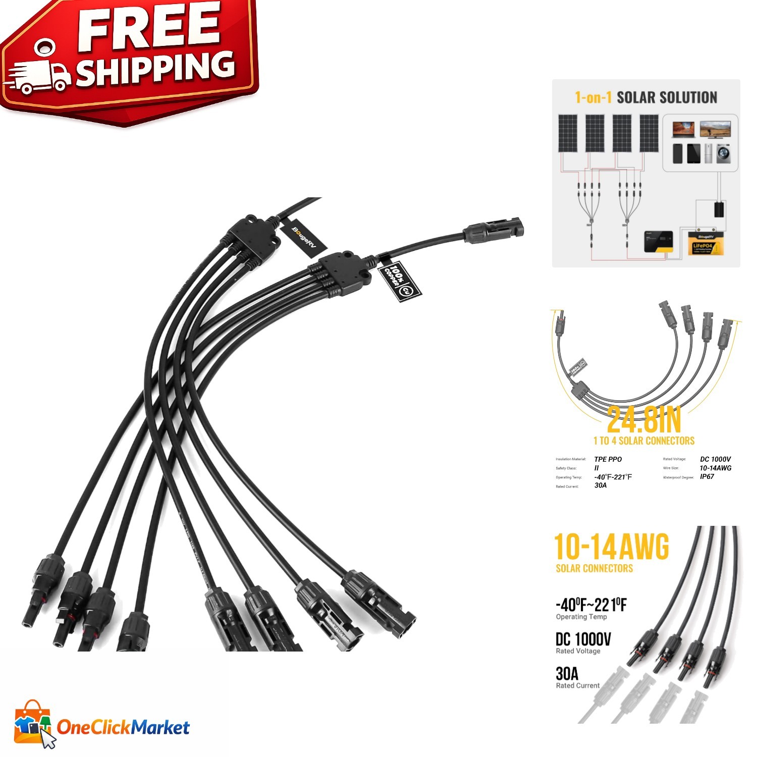 Durable Solar Panel Parallel Connectors – Connect 1 Male to 4 Female Easily