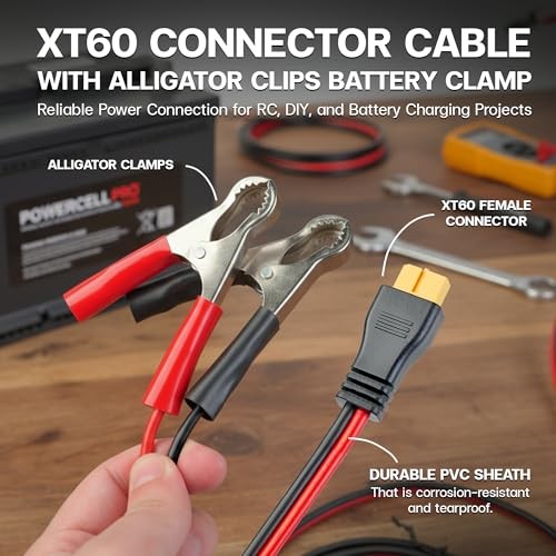 XT60 Connector Cable with 12V DC Battery Alligator Clips Battery 12AWG / 5FT