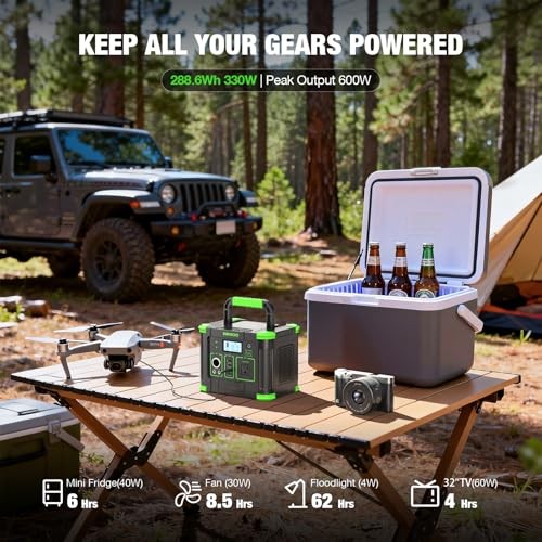 Portable Power Station 330W, 288.6Wh Lithium Battery, 60W Fast Charging, Green
